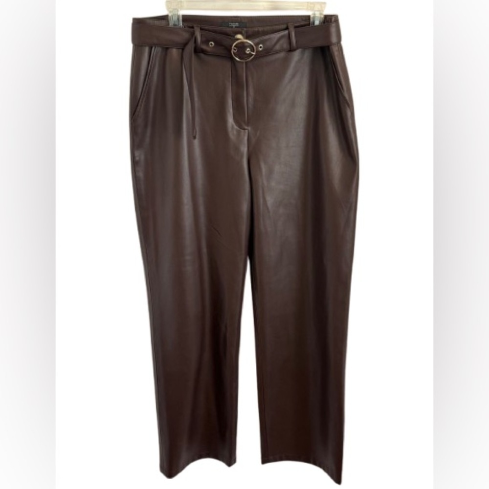 Tahari Faux Leather Wide Leg Pants Dark Brown High Rise Size 12 - Picture 2 of 7